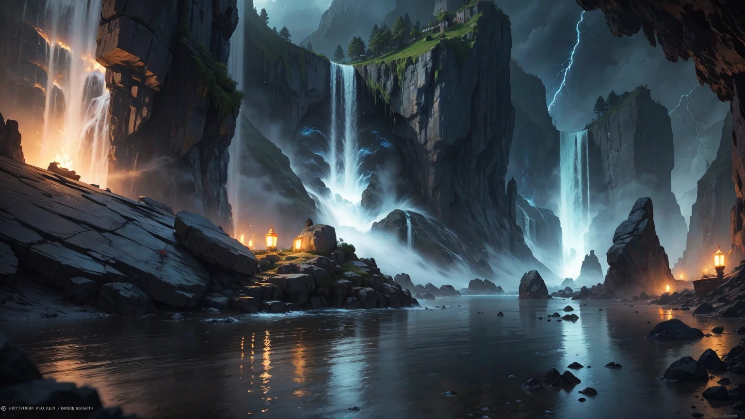 There is a cave with a waterfall in it, the waterfall lights up at night, there are lightning at night, concept art rendered in unreal engine, concept art amazing atmosphere, jessica rosier fantasy art, concept art 8k resolution, concept art 8k resolution, concept art 8K, beautiful concept art, unreal engine fantasy art, andreas rocha style, relaxing concept art, 4k resolution concept art