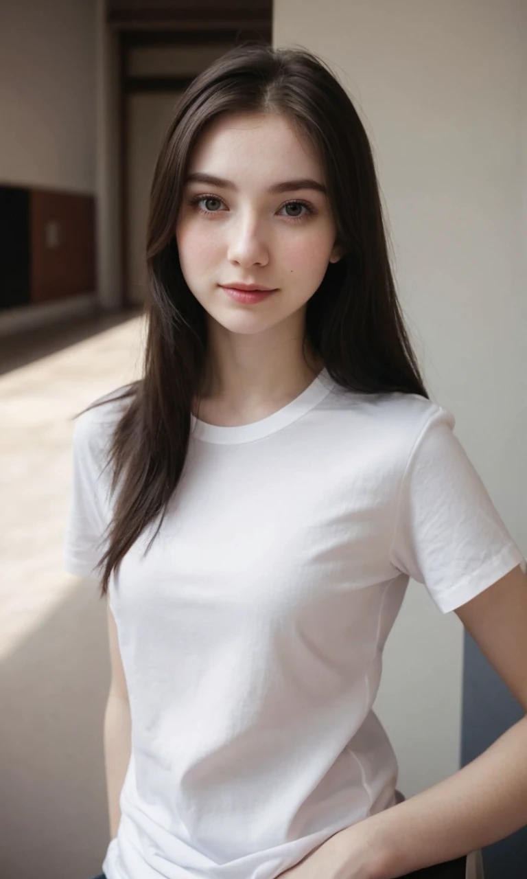 Beautiful girl, pale skin, tight smile, cute