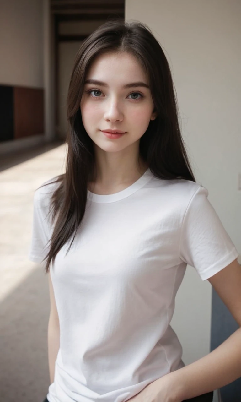 Beautiful girl, pale skin, tight smile, cute