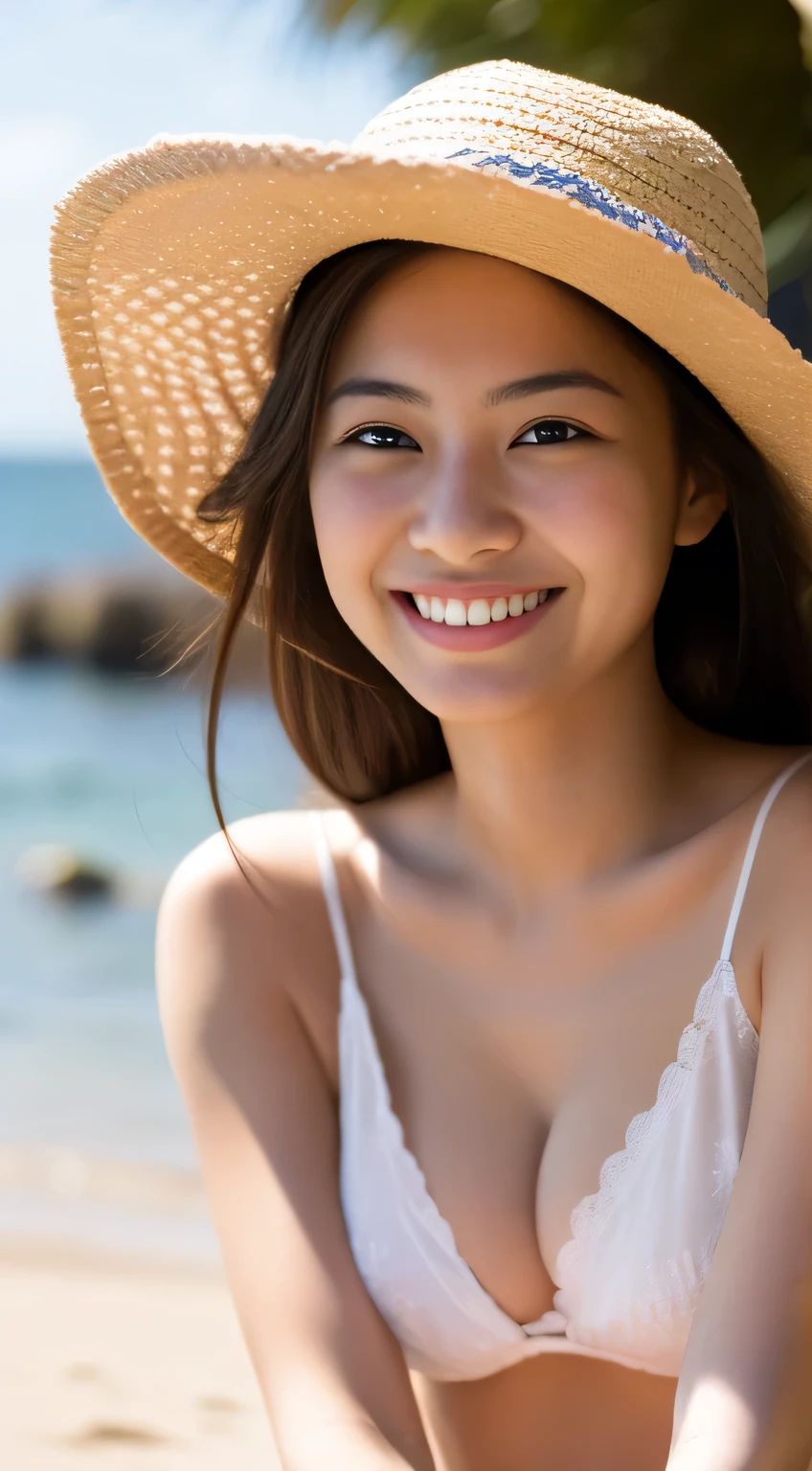 masterpiece,best quality,(Japanese ),((Beautiful girl)),cleavage,(perfect body beauty:1.2),(shy smile),beautiful teeth,(straw hat),(seaside),