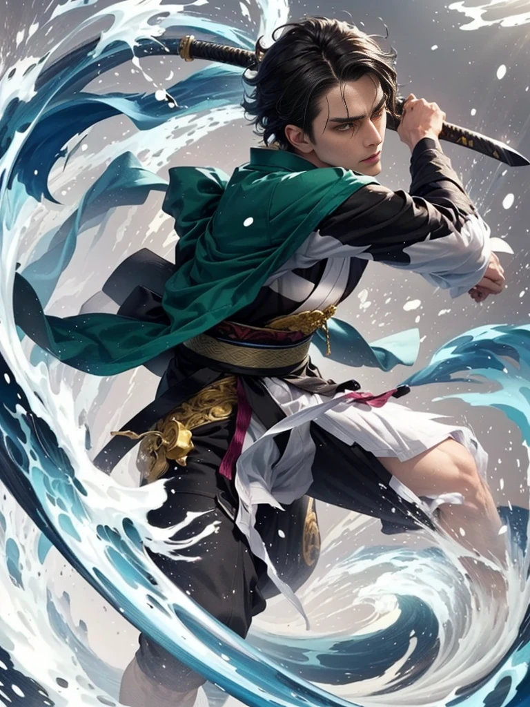 Anime character with sword and water swirl in background, Demon Slayer Louis Fan Art, Water breathing, Handsome men from Demon Slayer, Demon Slayer Art Style, Spectacular anime style, Create a hyper-realistic version of an anime character in an action scene. The character has short, dark hair and wears a traditional Japanese outfit with a green and black checkered haori (kimono jacket). He is holding a katana in a dynamic pose, with realistic water elements swirling around him, creating a sense of motion and power. The background should be filled with sparkling effects to emphasize the intensity of the scene. Capture the character's focused and determined expression, maintaining the essence of a fierce battle.