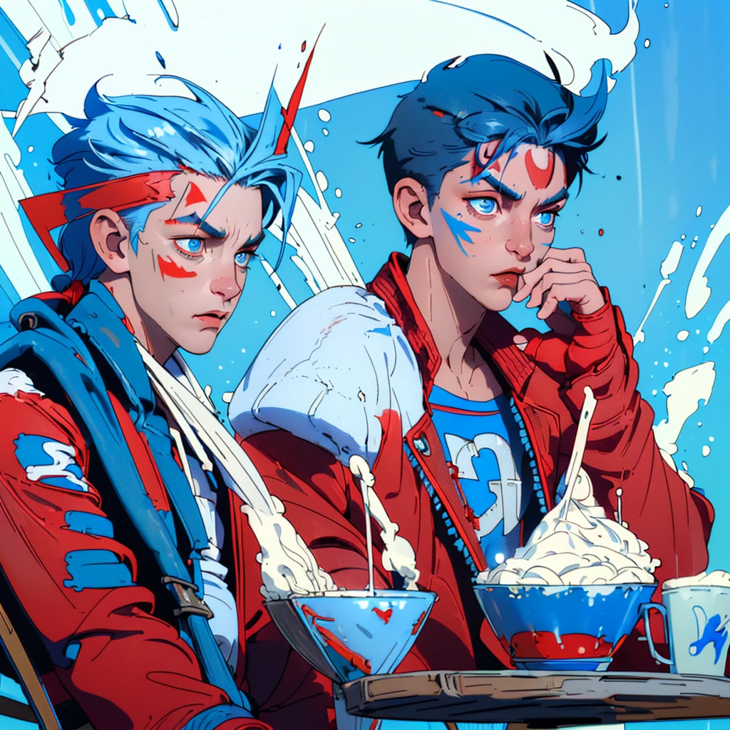 Masterpiece, ((1boy)), playful young teen, spiky blue hair, blue eyes, ((red and white face painting)), ((red and white jacket)), cafe, eating taco, warm, high definition, hdr, 8k, aesthetic 