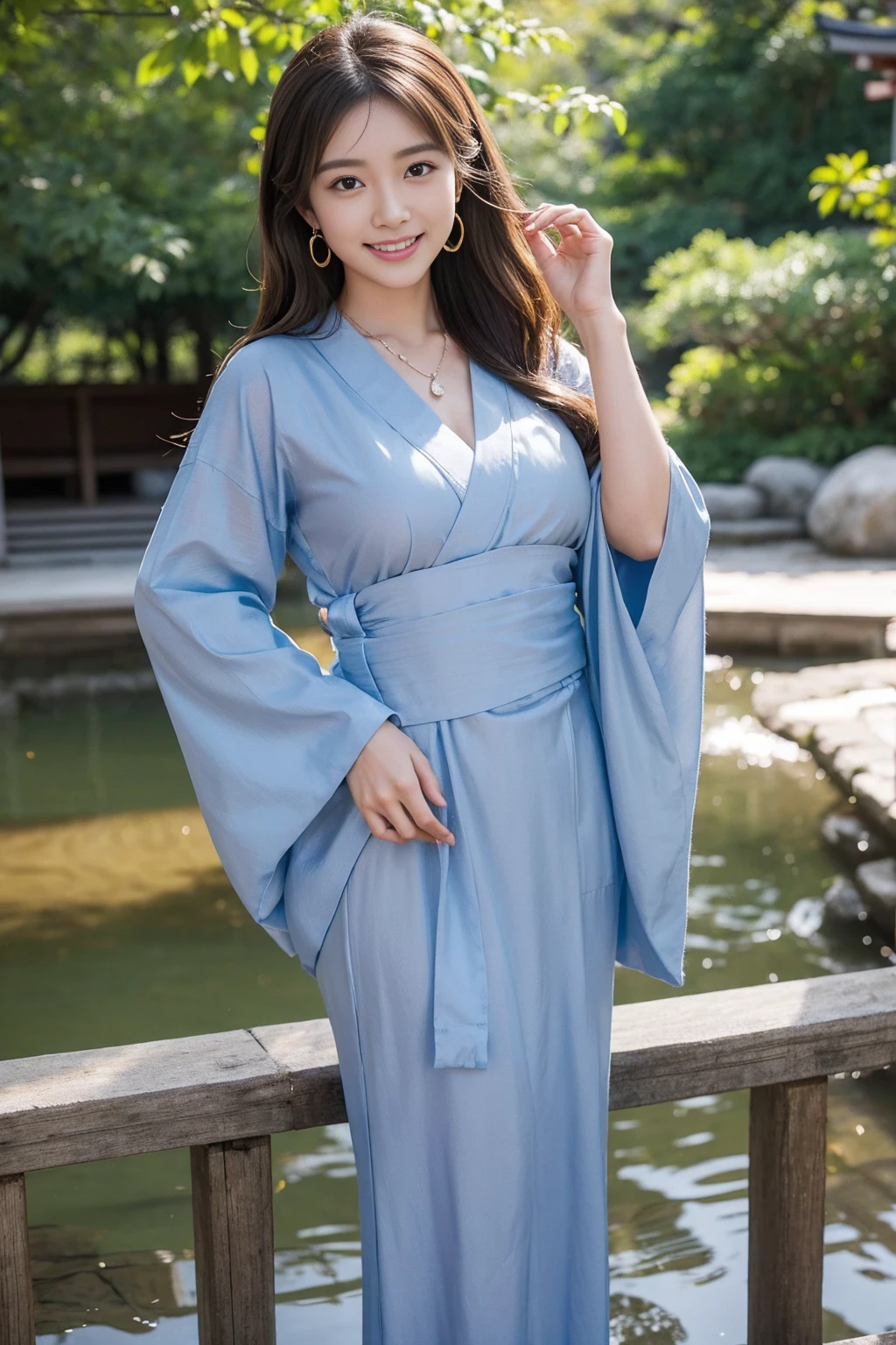 Highest quality,8K, Detailed facial depiction, Detailed description of the eyes,One Woman, Light brown hair(Medium-long hair),Beautiful Japanese Girl,24-years-old,Cute eyes,Cute Smile,Yukata beauty,Navy blue checkered yukata,Slender body, Large, plump breast size, Long and beautiful legs,Smiling, Colorful earrings,necklace,Are standing,Beautiful nape,Japanese Summer Festivals,There are food stalls,Cute pose