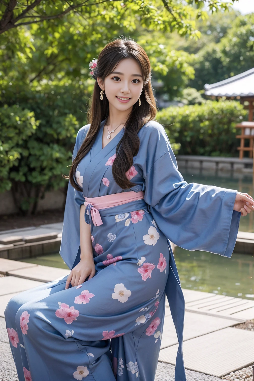 Highest quality,8K, Detailed facial depiction, Detailed description of the eyes,One Woman, Light brown hair(Medium-long hair),Beautiful Japanese Girl,24-years-old,Cute eyes,Cute Smile,Yukata beauty,Navy blue checkered yukata,Slender body, Large, plump breast size, Long and beautiful legs,Smiling, Colorful earrings,necklace,Are standing,Beautiful nape,Japanese Summer Festivals,There are food stalls,Cute pose