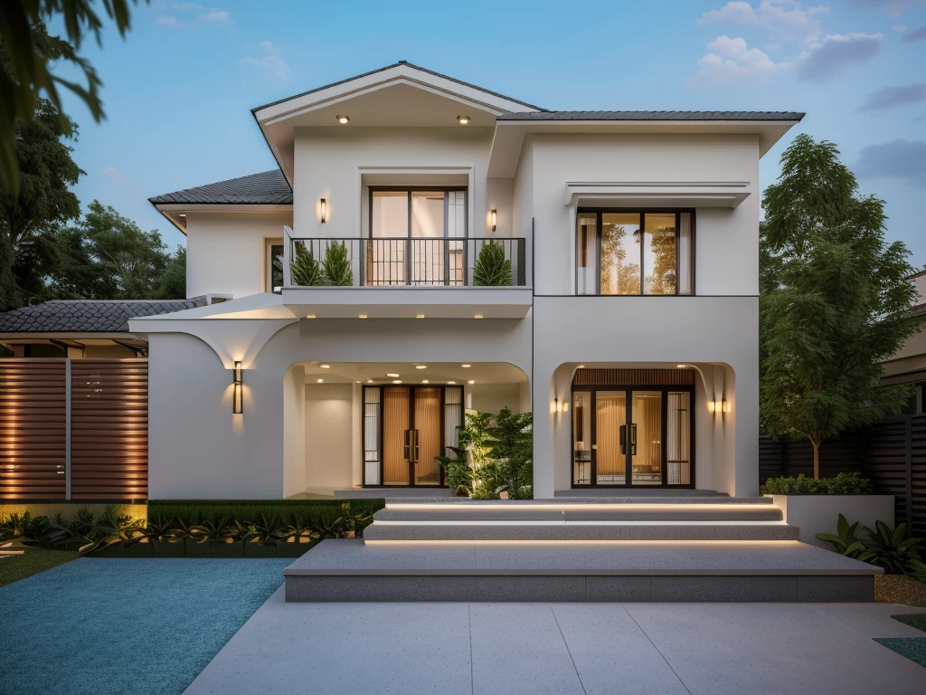 (Townhouse in city ,close houses and trees), (indochine style architecture) daylight ( best quality) ((high solution)) ,(( photo realistic)) ,warm light, soft lighting, warm atmosphere,high Resolution, hyper detailed,4k ,vray render, octane render, hyper realistic, photography expert ,exterior design , professional photography, exterior photography,wide-angle shot , ultra detail , high Resolution , full frame, full body