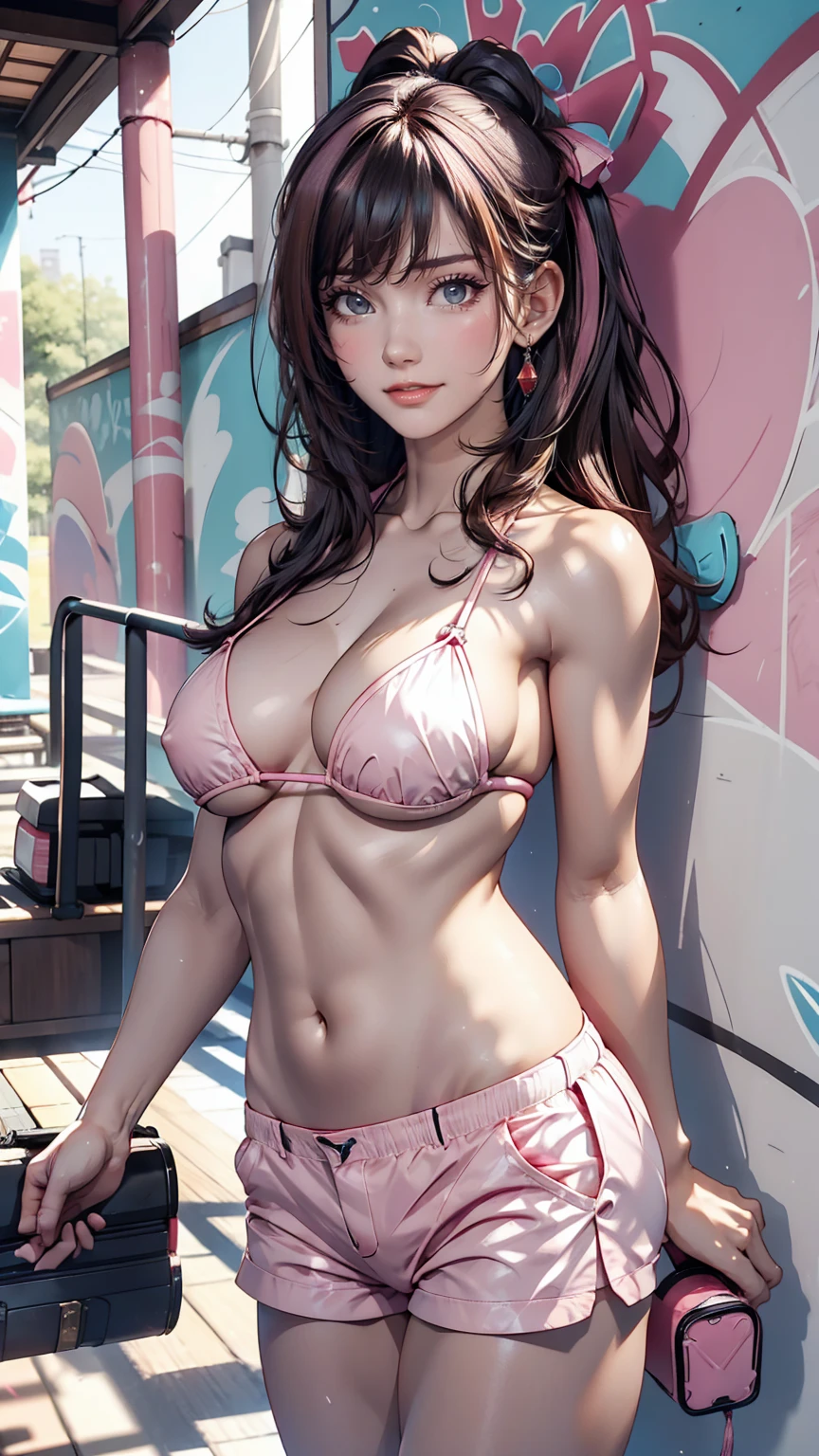 24 year old Japanese woman、Micro Bikini((shocking pink))、Sexy proportions、Narrow waist、Navel visible、High leg、T-Bag Shorts、Sexy、Graffiti wall、smile