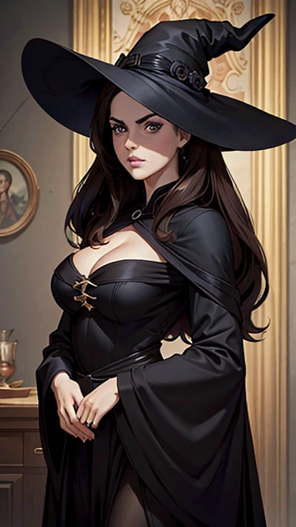 Elizabeth gillies, dark brown hair, black witch hat, black robe, Half-up, looking at the camera, (Highest quality high resolution), ((masterpiece best quality:1.2))