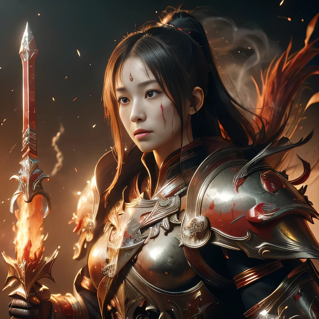 (((Realistic, masterpiece, best quality, crisp detail, high definition, high detail, sharp focus, perfect studio lightning))),  japanese girl wearing damaged armor, japan style armor, full body armor, full decorated golden armor, long straight hair, dirty, sweating, bloodstained face, blood scattered armor, bloodbath, carnage, swinging long blood scattered sword against cursed warriors, an epic war, fire everywhere, smoke everywhere, blood everywhere, death everywhere, japan edo period, brutal battle background