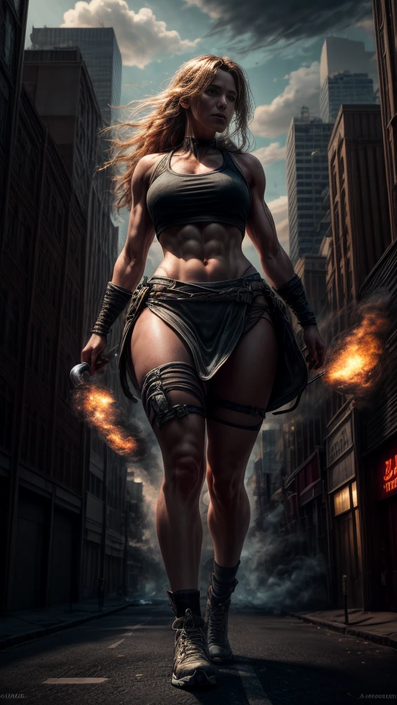 [documentary photo of "A towering blonde Giantess in a cool and laid-colorful hippie style is rocking a white crop top and baggy red skirt. (barely visible white panties). Her toned and athletic build hints at her massive strength. She seems to be casually strolling through the bustling cityscape of GTS City, as towering buildings loom overhead. Smoke and clouds roil around her, adding to the sense of epic scale and drama. The front lighting is dark, gloomy, and realistic, creating a tense and ominous atmosphere. The perspective is from below, emphasizing the sheer majesty and power of the Giantess.".], 
[8K, Best Quality, Masterpiece, Ultra High Resolution, (highly detailed CG unity 8k wallpaper), (best illustration), (best shadows), isometric 3D, octane rendering, ray tracing, highly detailed, (wide panoramic view: 1.1), (Best quality, 4K, 8 k, high resolution, masterpiece:1.2), absurdity, masterpiece, ultra detailed, (realistic, photorealistic, photorealistic:1.37), complex parts, HDR, (complex parts:1.12), (hyper detailed, hyper realistic, Soft lighting, spicy:1.2), beautiful figure, Magnificent Anatomy, (complex part, Hyper detailed:1.15). Blurred foreground., (Front lighting), realistic, masterpiece, high quality, brightness, chromatic aberration, by Jeremy Lipking, by Antonio J. Manzanedo, 8k uhd, smoke, shadows, contrast, clear sky, looking_at_viewer, (warm hue, warm tone), high details, natural skin pores]. 