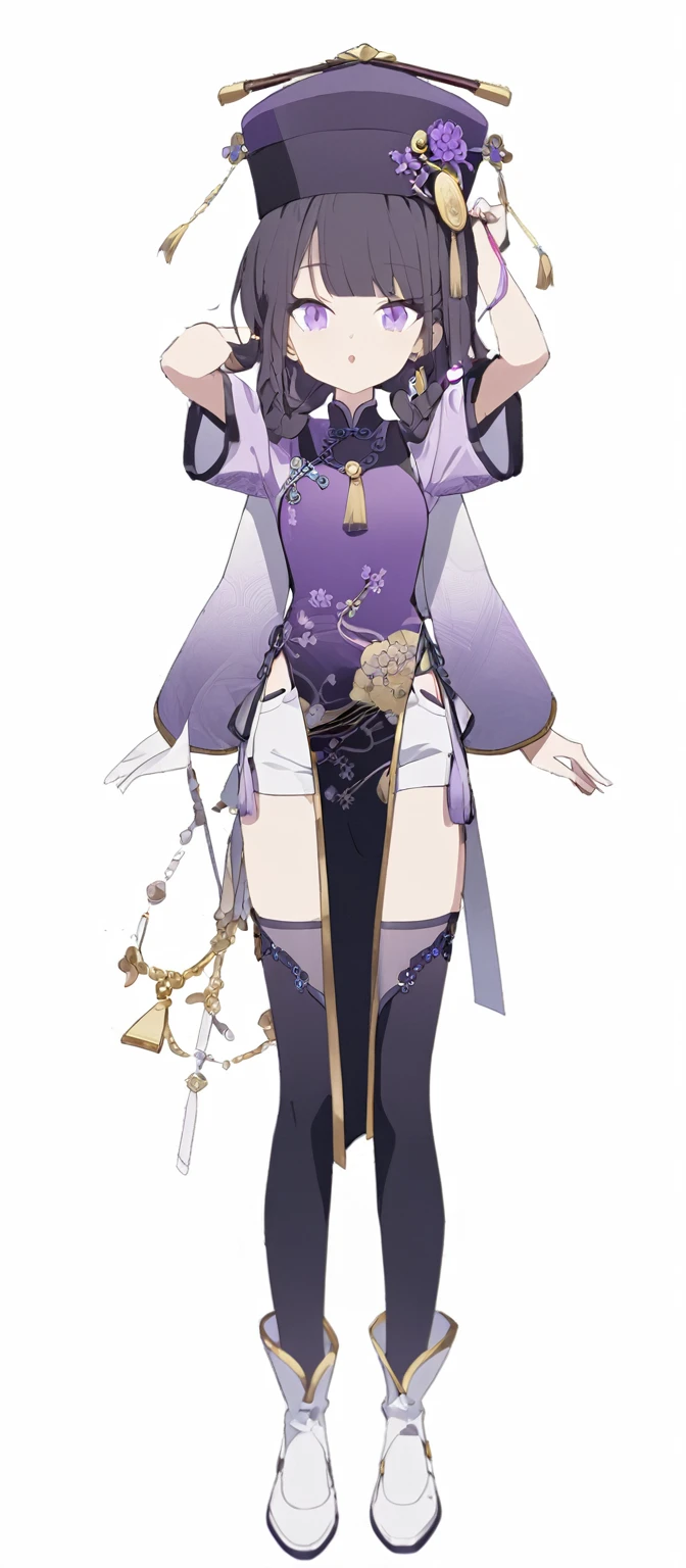 concept character sheet, A pose, 1 woman, traditional chinese dress, purple and black hat, Purple and black cheongsam, White shorts, Black side braided hair, purple sleeves, black stockings, white shoes, yellow paper amulet,