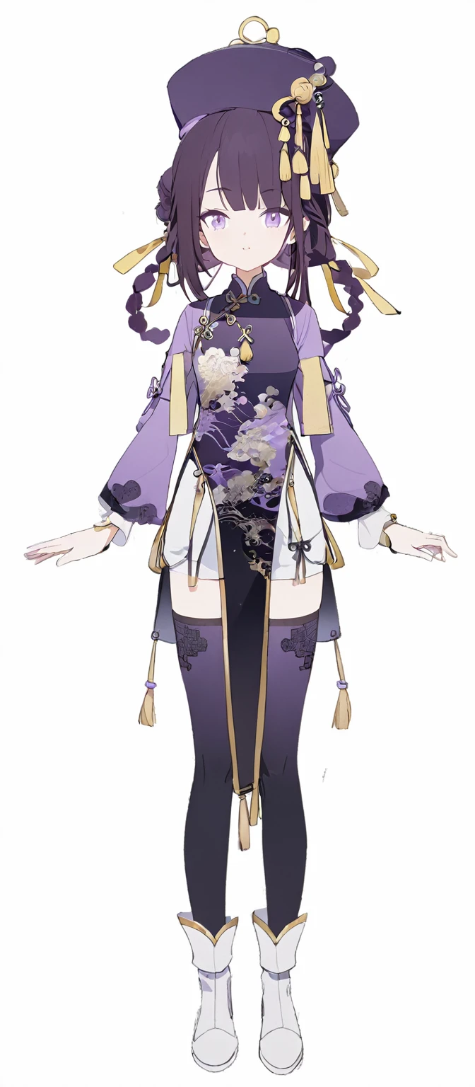 concept character sheet, A pose, 1 woman, traditional chinese dress, purple and black hat, Purple and black cheongsam, White shorts, Black side braided hair, purple sleeves, black stockings, white shoes, yellow paper amulet,