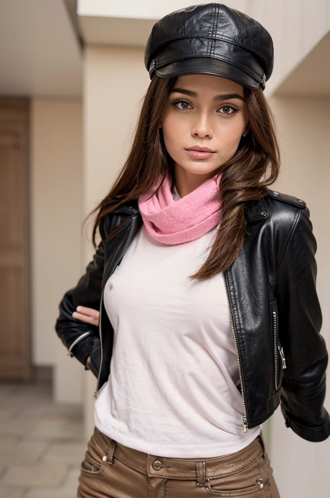 Photorealistic, best quality, hyper detailed, selfie photo, upper body. Gorgeous, pretty, warm-hearted, kind-hearted, good-hearted, stunning, cheerful, sweet, polite, sensitive, sensible, shiny, charming, classy, stylish, super long flowing and glowing ginger haired russian woman. With the cutest face, pale skin, elegant make up, red lipstick, she is wearing a leather biker jacket, skinny trousers, riding boots, flat boots, a black newsboy cap and a pink scarf.
