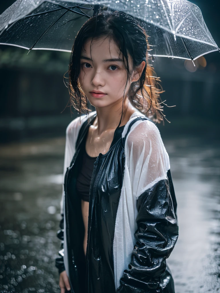Wet roads ,drenched, Dripping, Wet Face,Wet clothes, Wet Skin, Wet Hair,A young woman with a cute face like a Japanese idol,chest,((Full body portrait)),((Cinema lighting),(Natural light),(High level of artistry),(Artistic),(Quality indistinguishable from real life),RAW Photos,Genuine,Genuine,High resolution,RAW Photos,masterpiece, beautiful