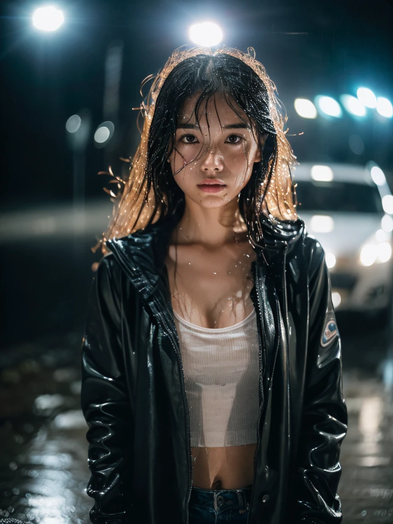 Wet roads ,drenched, Dripping, Wet Face,Wet clothes, Wet Skin, Wet Hair,A young woman with a cute face like a Japanese idol,chest,((Full body portrait)),((Cinema lighting),(Natural light),(High level of artistry),(Artistic),(Quality indistinguishable from real life),RAW Photos,Genuine,Genuine,High resolution,RAW Photos,masterpiece, beautiful