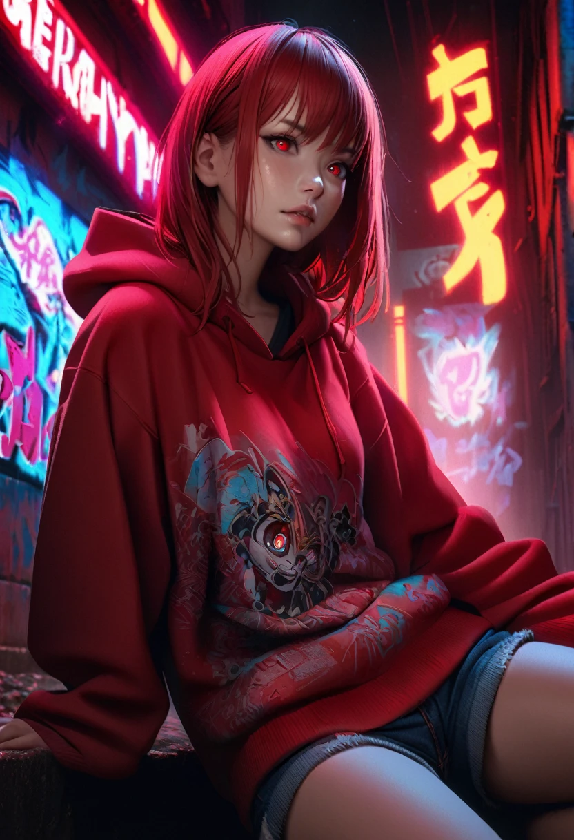 1girl, red hair, red pupils, red hoodie, wearing the hood, jean shorts, dark alley background, japanese graffiti background, red led background, detailed face, high quality, 8k, photorealistic, dramatic lighting, cinematic, neon lights, moody atmosphere, cyberpunk aesthetic, hyper-detailed