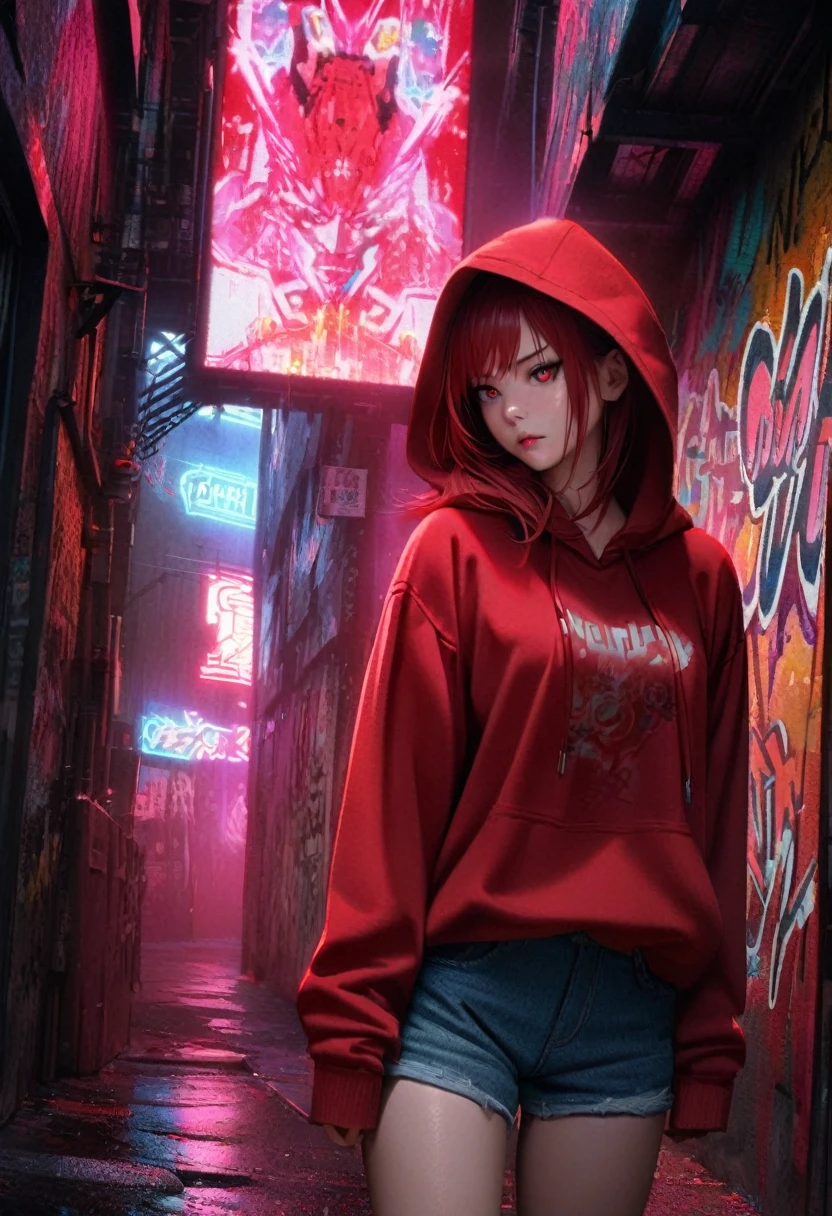 1girl, red hair, red pupils, red hoodie, wearing the hood, jean shorts, dark alley background, japanese graffiti background, red led background, detailed face, high quality, 8k, photorealistic, dramatic lighting, cinematic, neon lights, moody atmosphere, cyberpunk aesthetic, hyper-detailed