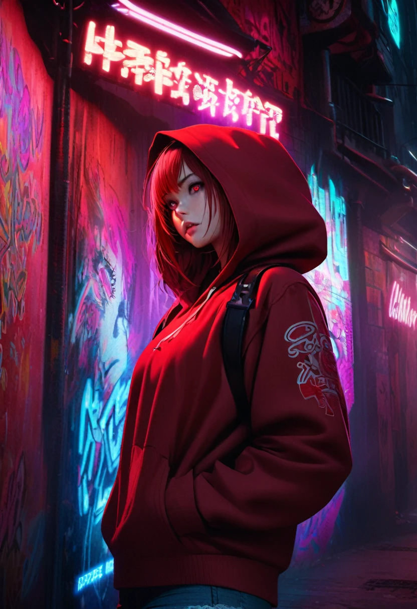 1girl, red hair, red pupils, red hoodie, wearing the hood, jean shorts, dark alley background, japanese graffiti background, red led background, detailed face, high quality, 8k, photorealistic, dramatic lighting, cinematic, neon lights, moody atmosphere, cyberpunk aesthetic, hyper-detailed