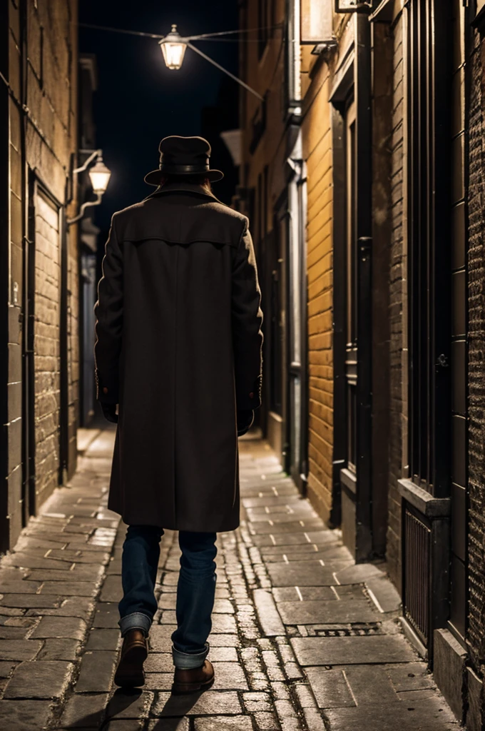 Vagabond men with hat and coat back on narrow street night alone