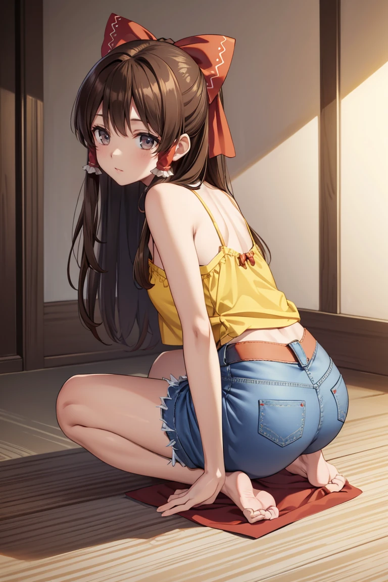 Reimu Hakurei, (Brown eyes:1.5), Brown Hair, bow, hair bow, Hair Tube, Long Hair, red bow, Side Lock,Western-style room, (((Slender body、Yellow Camisole BREAK Denim Shorts)))、(((On all fours)))、Backwards、look back、Butt sticking out pose、Forward bending pose、
BREAK Watch Viewers,blush、Sad-looking face、
Full Body Shot,Smile Break (masterpiece:1.2), Highest quality, High resolution, unity 8k wallpaper, (figure:0.8), (Beautiful attention to detail), Highly detailed face, Perfect lighting, Highly detailed CG, (Perfect hands, Perfect Anatomy),Dynamic pose,