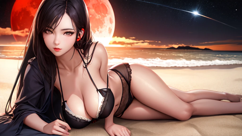One girl, Beautiful Face, ((White eyes)), Sexy pose, Red moon in the background, performer, space, (Lightroom:1.13), Soft Light, (Natural skin texture:1.2), (Hyperrealism:1.2), Sharp focus, Concentration,[[Realistic]]、Full Body、Beach、Flowing Clouds、lingerie、headphone