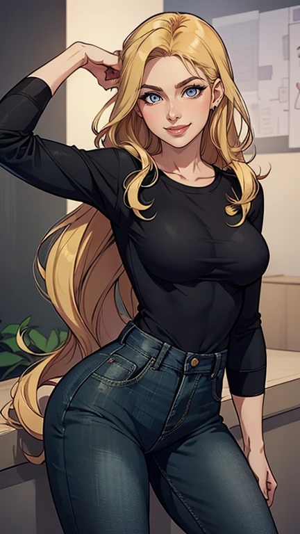 35 years old woman, very long blonde hair down to the waist and half curly with bangs, breasts small, big eyes with a passionate shine, honey green eyes, A beautiful smile, wearing a long black t-shirt with a green feminine suit and jeans, in a serious and sweet comic-style pose, high qualiy