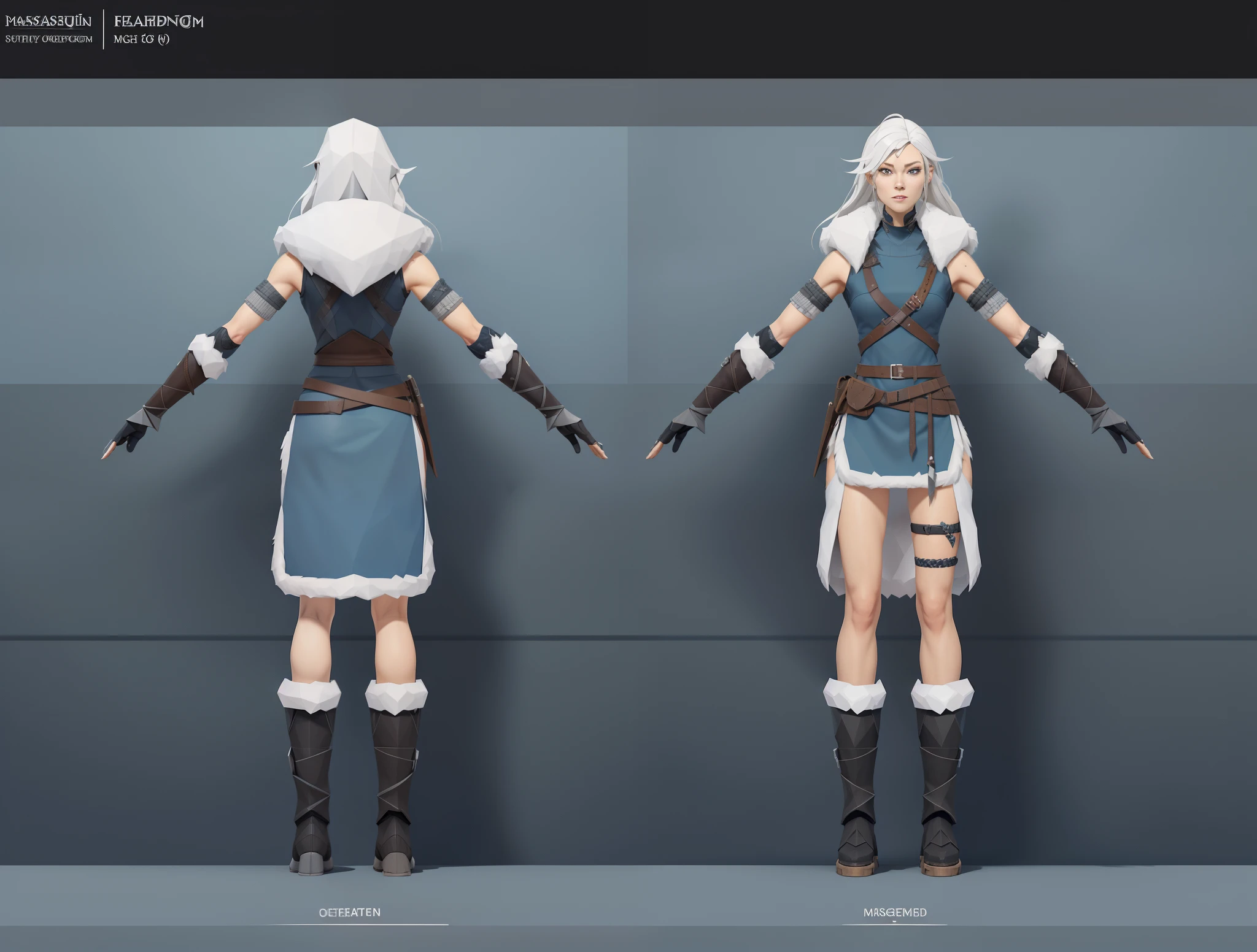 (Masterpiece, best quality: 1.2), (Super detailed), (Illustration),(HDR:1) a close up of a Viking woman warrior wearing armor and fur coat with rune tattoos , full body concept, detailed full body concept, Mulher guerreira viking com olhos azuis e cabelo loiro platinado, full body character concept,costume concept design, full body details, detailed full body concept art, full character body, character model sheet turnaround, fullbody shot turnaround, concept character sheet, full body concept art, reference model sheet , full body concept art, RPG style character, game character design, 3d character reference sheet, male, video game character concept, detailed character design, character sheet, character model sheet turnaround , front and back, front and back, grey clean background, 3D character, leather belt with leather knife bag, oceanblue cloth, blue hem with white fur, low poly art style, low polygon, ((low polygonal)), ((organic shapes and lines)), (((low poly art style))), perfect alignment, ((clear outline)), (((polygon skin texture)))
