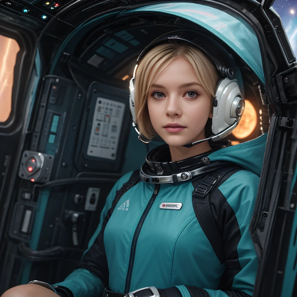 (masterpiece:1.4),(best quality,photorealistic), A beautiful Blonde woman with short hair 28 years old, she is wearing a full length Teal space suit, she has perfect hands and face, she is sitting in a space capsule, there computers and flight controls, and exclusive, Luxury, you can see a moon out of the window, space nebulas, planets, control panel