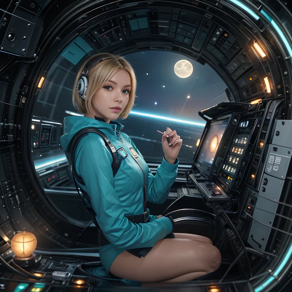 (masterpiece:1.4),(best quality,photorealistic), A beautiful Blonde woman with short hair 28 years old, she is wearing a full length Teal space suit, she has perfect hands and face, she is sitting in a space capsule, there computers and flight controls, and exclusive, Luxury, you can see a moon out of the window, space nebulas, planets, control panel 