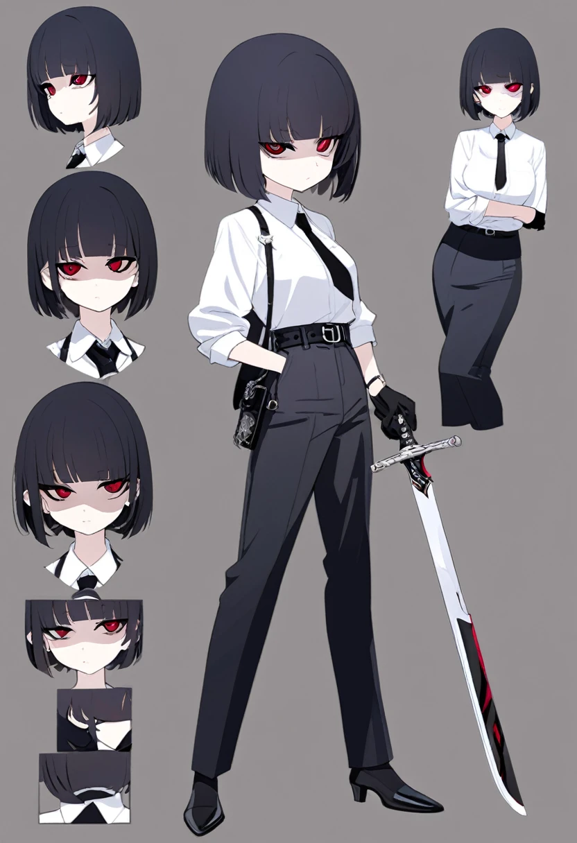 One woman,Dynamic,whole body,Are standing,mysterious,Concept Art,Character Design,Jet black straight hair,The bangs are trimmed to accentuate the eyes.,Well-proportioned face,Sharp Eyes,White shirt,Black tie,Black slacks,Silver cufflinks on the left hand,On the ring finger of her right hand she wears a simple silver ring.。Luxury watches,Black leather shoes,beltでウエストラインを強調,Stylish,Red eyes,belt,Stylish,Simple background gray,Details,Okabo Hair,Half-open eyes,Cool appearance,,Black gloves,Short Hair,Narrow eyes,Accentuated body lines,Has a sword on his waist,