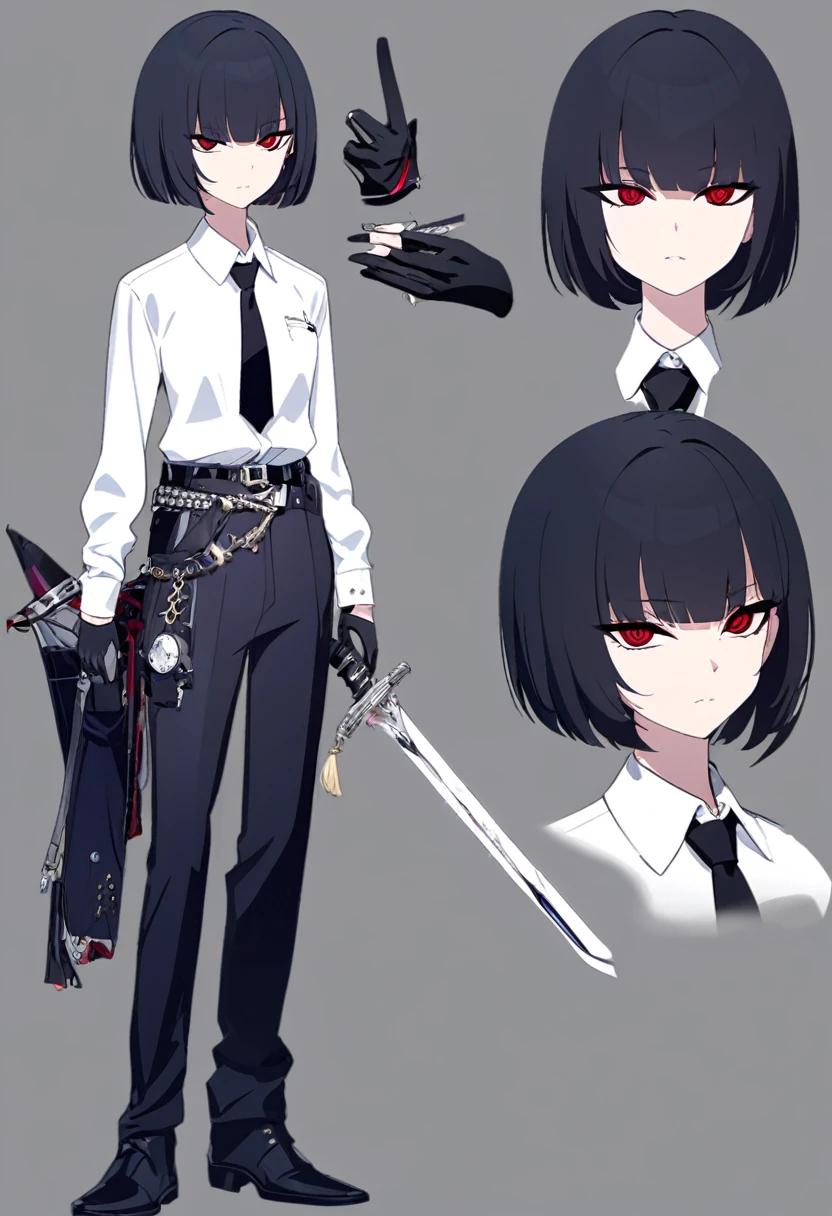 One woman,Dynamic,whole body,Are standing,mysterious,Concept Art,Character Design,Jet black straight hair,The bangs are trimmed to accentuate the eyes.,Well-proportioned face,Sharp Eyes,White shirt,Black tie,Black slacks,Silver cufflinks on the left hand,On the ring finger of her right hand she wears a simple silver ring.。Luxury watches,Black leather shoes,beltでウエストラインを強調,Stylish,Red eyes,belt,Stylish,Simple background gray,Details,Okabo Hair,Half-open eyes,Cool appearance,,Black gloves,Short Hair,Narrow eyes,Accentuated body lines,Has a sword on his waist,