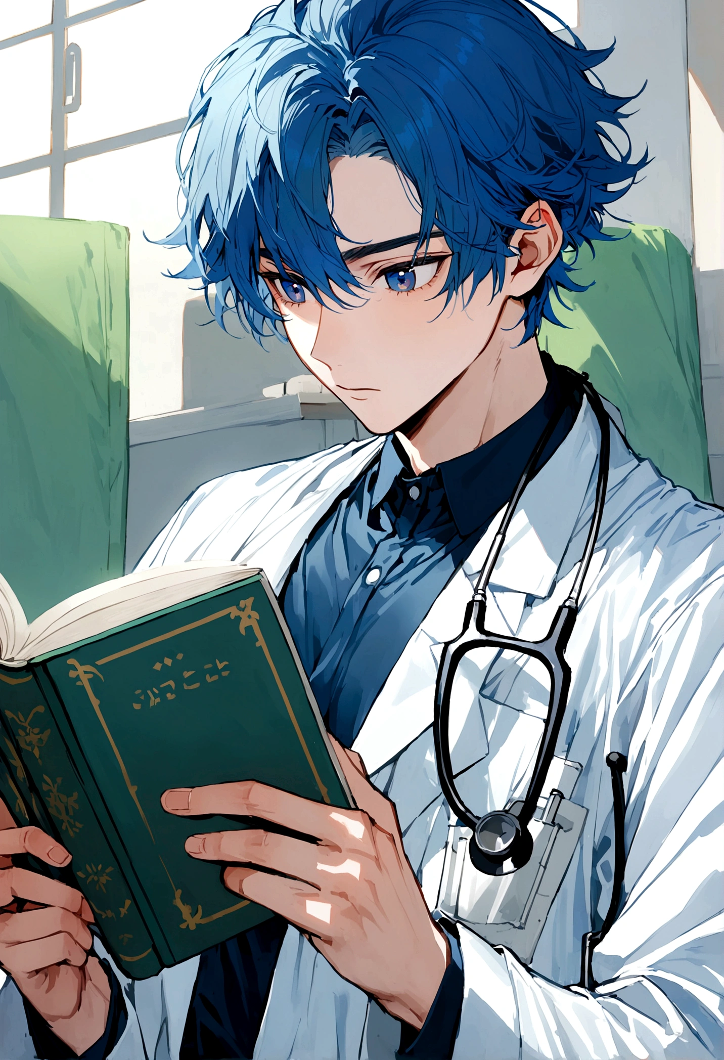 25 year old male, short blue hair, dark blue eyes, wearing doctor's clothes, wearing stethoscope, reading book, cool
