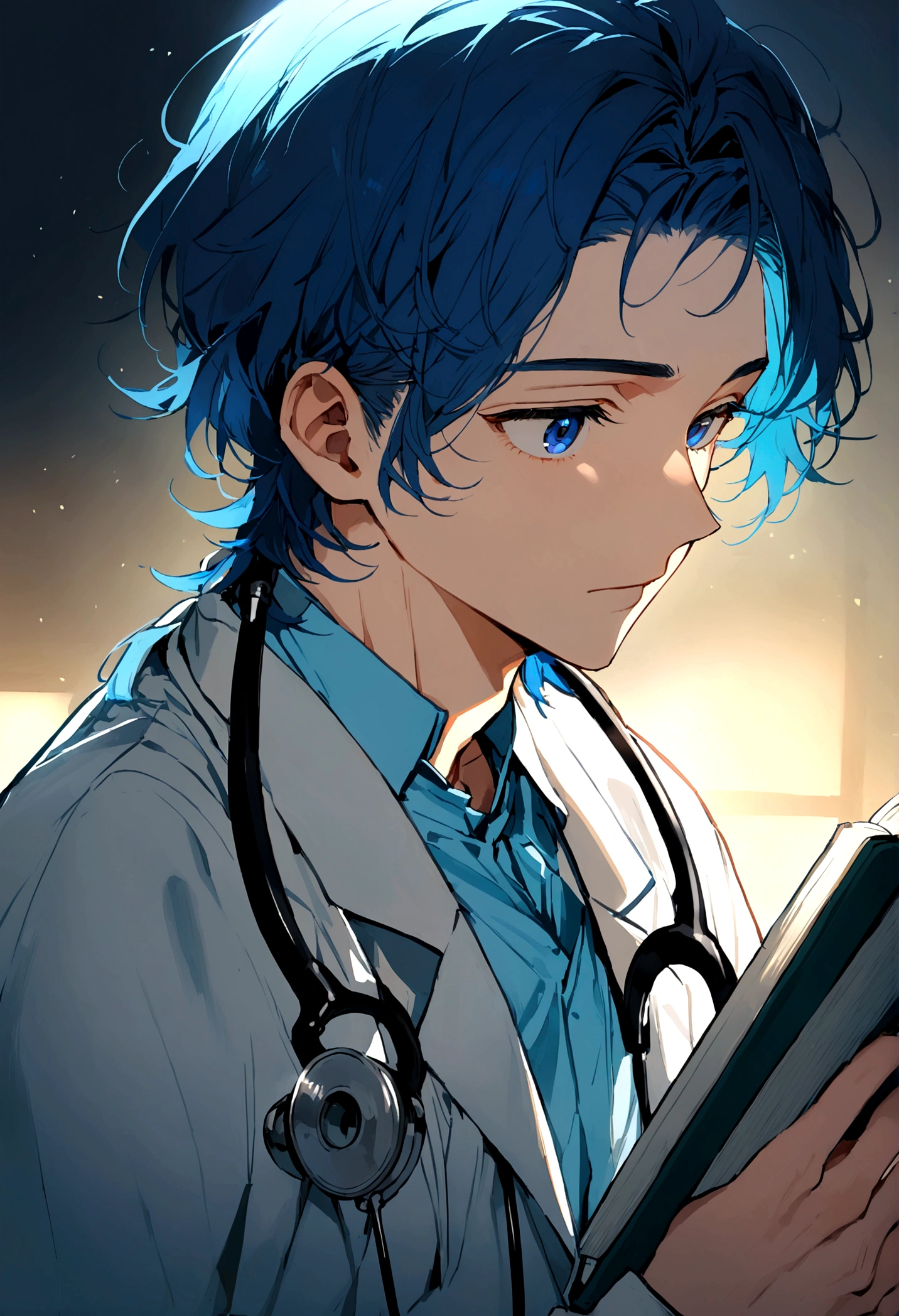 25 year old male, short blue hair, dark blue eyes, wearing doctor's clothes, wearing stethoscope, reading book, cool