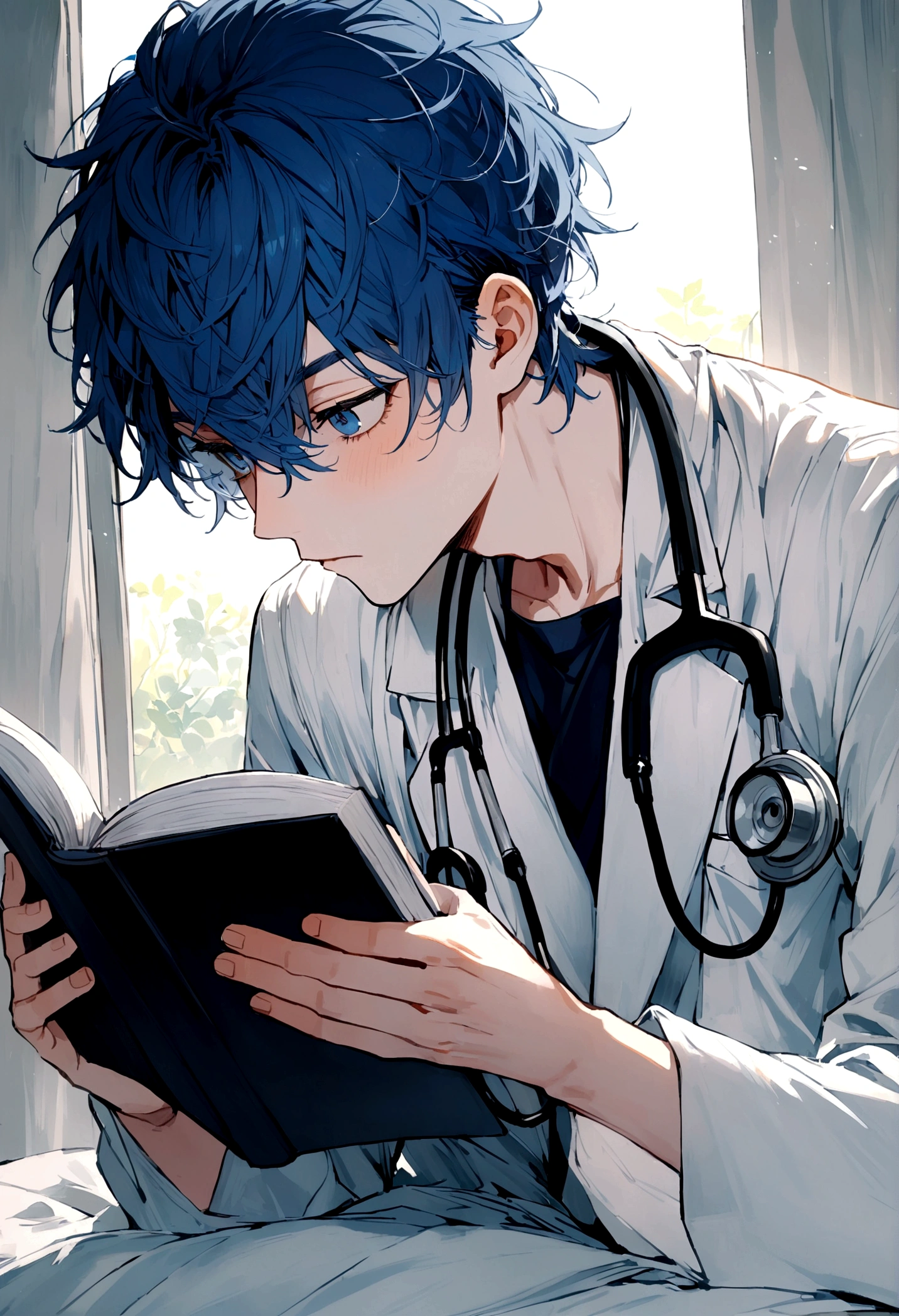 25 year old male, short blue hair, dark blue eyes, wearing doctor's clothes, wearing stethoscope, reading book, cool