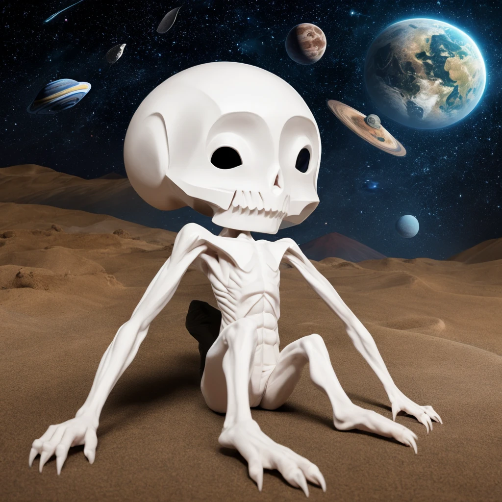 A humanoid figure in a fetal position ,Pale skin,Hollow nose, his hands are elongated and he has pointed claws, he is skinny almost malnourished, skinny arms too, completely black and round eyes, no hair and a round head, in the background you can see the Outer space and the occasional planet,The humanoid is 2 meters tall and is floating in space.