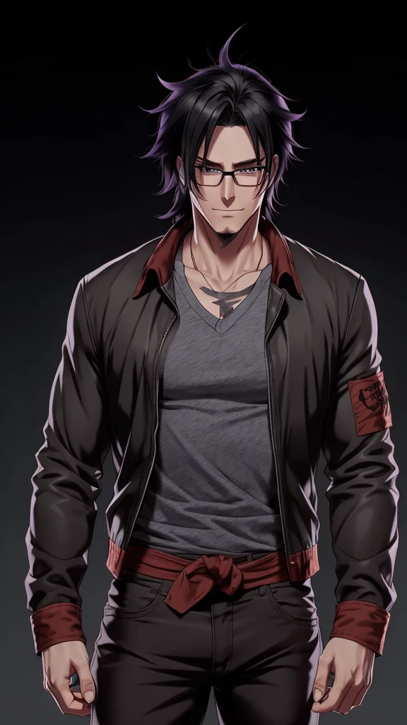 A man, medium long black hair, wearing glasses, scars on his face,  purple eyes, red bandana on his neck, grey shirt, casual jacket, black belt, black pants, concept art, concept art, anime, anime