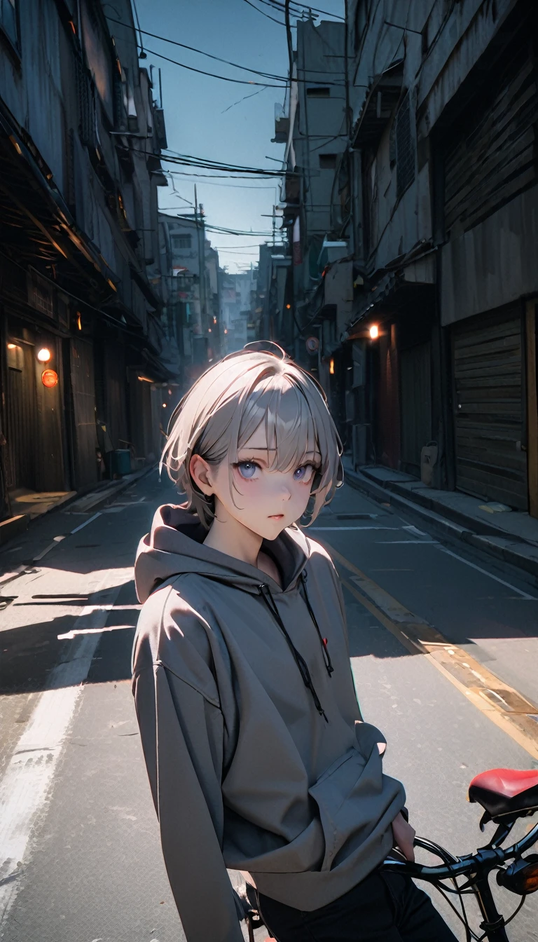 (8K, RAW photos, best quality, masterpiece: 1.4), (((Boy on bike)))，Ultra-high resolution, Extremely detailed, light, closeup of arms, handsome boy, black eyes, (delicate eyes, Eyes are bright:1.2), Gray short hair, Fair skin,dark, Grey sweatshirt, sweatshirt with hood,(perfect anatomy:1.2), High-quality shadows, Natural Lighting, (White highlights:1.2), night, cloudy day, (Alley:1.2), (River bridge:1.2)