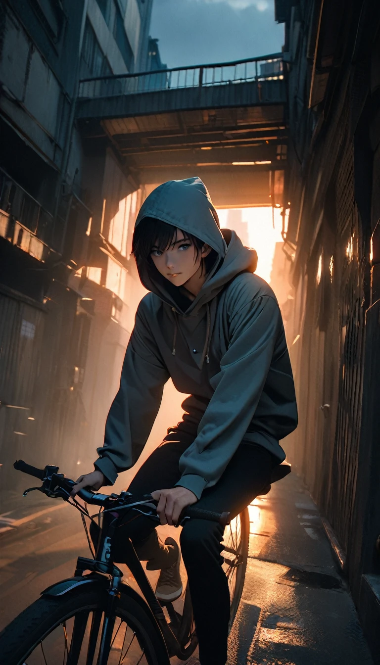 (8K, RAW photos, best quality, masterpiece: 1.4), (((Boy on bike)))，Ultra-high resolution, Extremely detailed, light, closeup of arms, handsome boy, black eyes, (delicate eyes, Eyes are bright:1.2), Gray short hair, Fair skin,dark, Grey sweatshirt, sweatshirt with hood,(perfect ???????:1.2), High-quality shadows, Natural Lighting, (White highlights:1.2), night, cloudy day, (Alley:1.2), (River bridge:1.2)