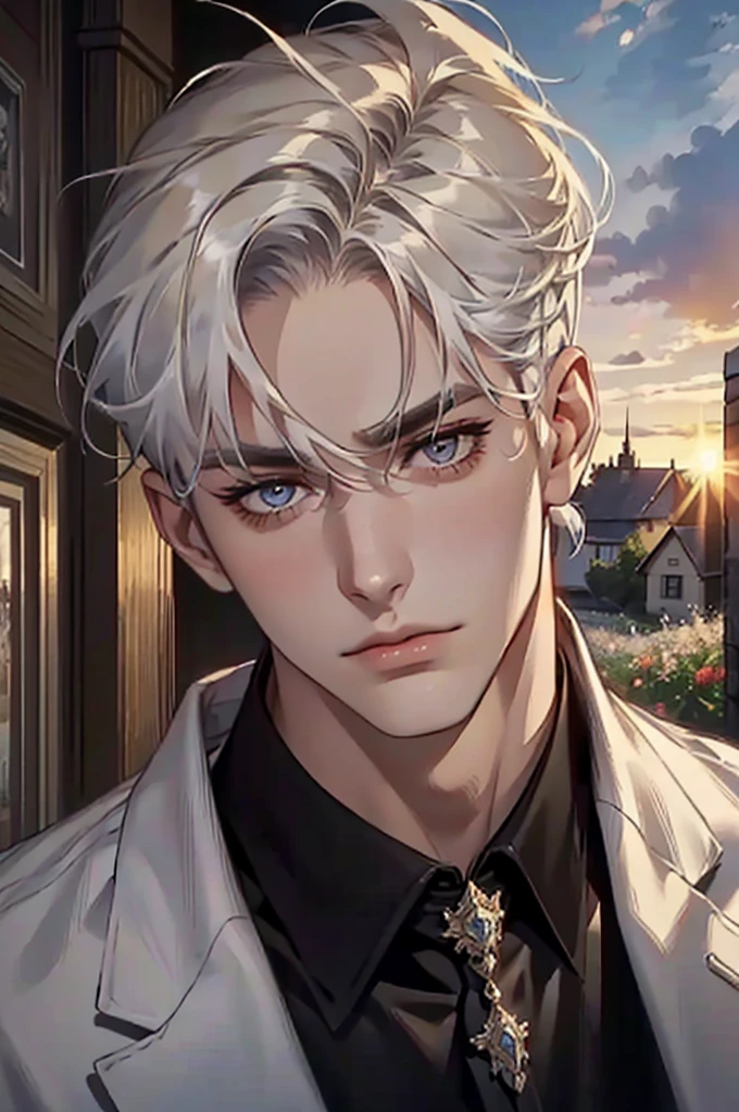 ((masterpiece:1.2, Best quality)), 4k, adult, European face, 1 person, male, mature, masculine, Beautiful, very tall, Muscles, broad shoulders, dark casual wear, White skin, medium white hair, Blow eyes, portrait, sunset, old house with apple trees. 
