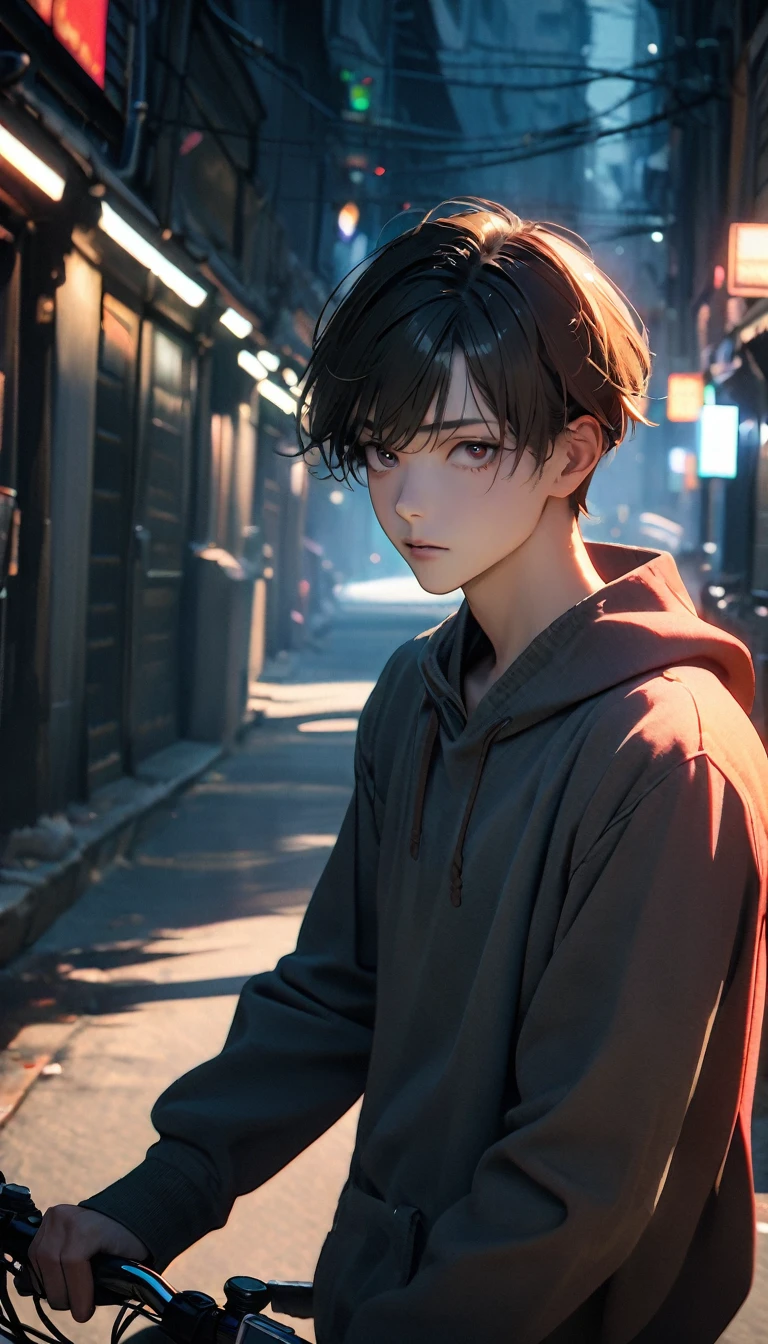 (8K, RAW photos, best quality, masterpiece: 1.4), (((Boy on bike)))，Ultra-high resolution, Extremely detailed, light, closeup of arms, handsome boy, black eyes, (delicate eyes, Eyes are bright:1.2), Gray short hair, Fair skin,dark, Grey sweatshirt, sweatshirt with hood,(perfect anatomy:1.2), High-quality shadows, Natural Lighting, (White highlights:1.2), night, cloudy day, (Alley:1.2), (River bridge:1.2)