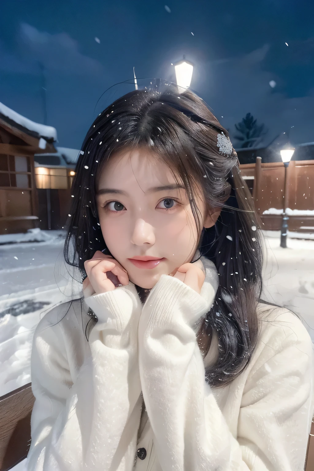 8k, best quality, Medium close-up, (Best quality,8K,tmasterpiece:1.3)Cute and lovely Korean girl, realistic, ultra detail, photo realistic, Increase quality,
a photo of a girl sit in chair psrk, a field with a scarf, in the style of dark and brooding designer, voluminous mass, photobash, serene faces, jagged edges, navy, natural beauty, close-up shot , cold atmosphere , winter atmosphere , Skin texture is natural、、The skin looks healthy with an even tone、 Use natural light and color,One Woman,japanes,,kawaii,A dark-haired,Middle hair,(depth of fields、chromatic abberation、、Wide range of lighting、Natural Shading、)、(Exterior light at night:1.4)、(Falling snow:1.3)、(Hair swaying in the wind:1.2)、(Light reflecting snow:1.0)