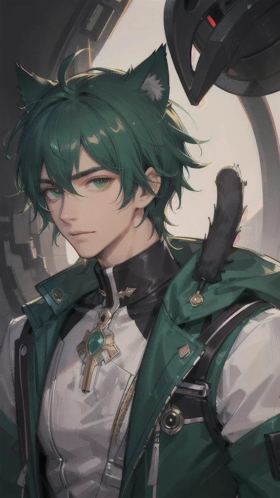dark tanned skin,Handsome boy, Cat ears and tail, Shining eyes, (((Messy green short hair))), Very detailed portrait. The focus should be on his extremely detailed face,,muscular