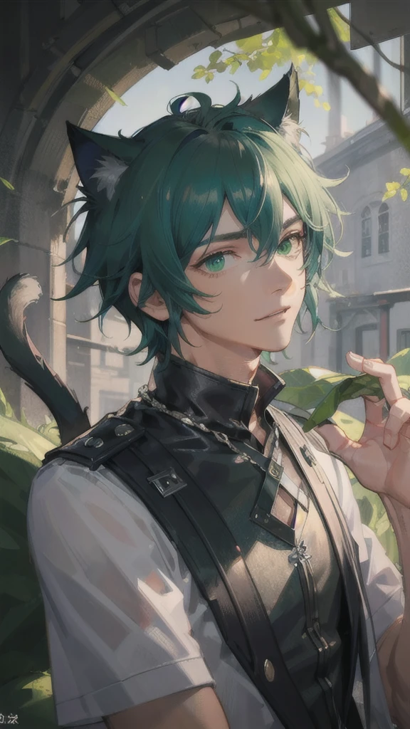 dark tanned skin，Handsome boy, Cat ears and tail, Shining eyes, (((Messy green short hair))), Very detailed portrait. The focus should be on his extremely detailed face,，muscular