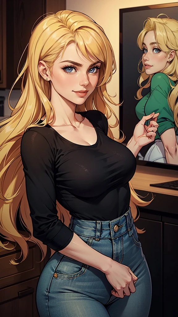 35 years old woman, very long blonde hair down to the waist and half curly with bangs, breasts small, big eyes with a passionate shine, honey green eyes, A beautiful smile, wearing a long black t-shirt with a green feminine suit and jeans, in a serious and sweet comic-style pose, high qualiy