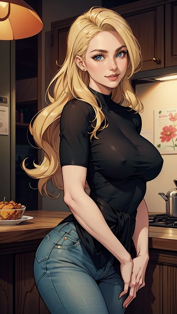 35 years old woman, very long blonde hair down to the waist and half curly with bangs, breasts small, big eyes with a passionate shine, honey green eyes, A beautiful smile, wearing a long black t-shirt with a green feminine suit and jeans, in a serious and sweet comic-style pose, high qualiy