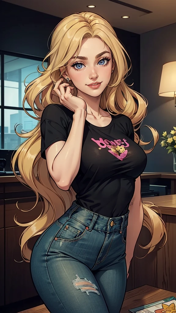 35 years old woman, very long blonde hair down to the waist and half curly with bangs, breasts small, big eyes with a passionate shine, honey green eyes, A beautiful smile, wearing a long black t-shirt with a green feminine suit and jeans, in a serious and sweet comic-style pose, high qualiy