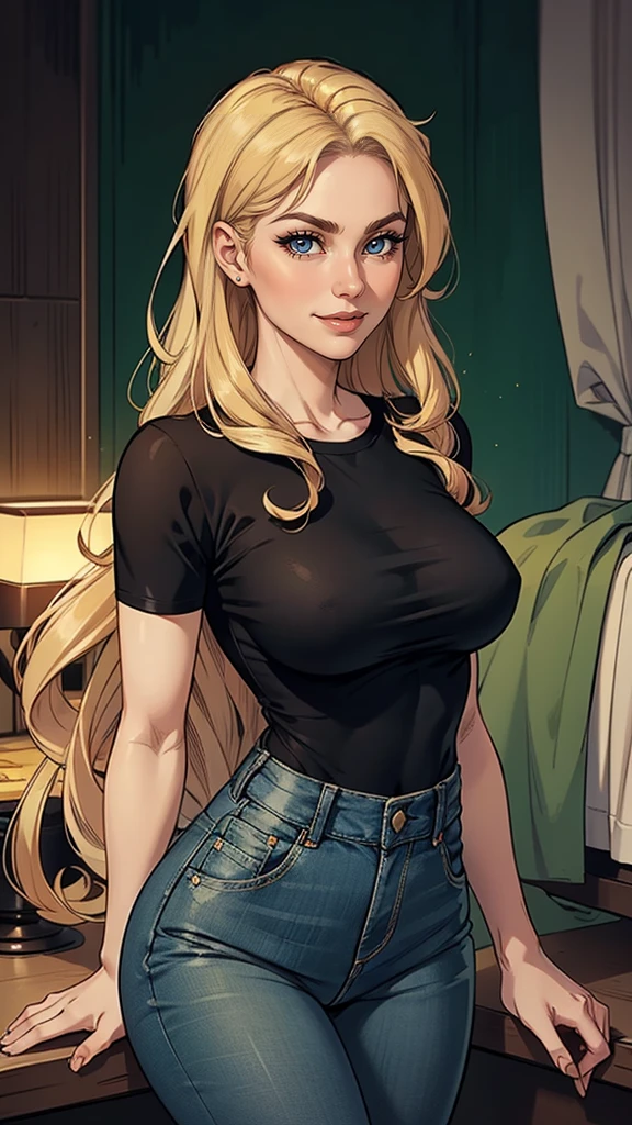 35 years old woman, very long blonde hair down to the waist and half curly with bangs,  small, big eyes with a passionate shine, honey green eyes, A beautiful smile, wearing a long black t-shirt with a green feminine suit and jeans, in a serious and sweet comic-style pose, high qualiy