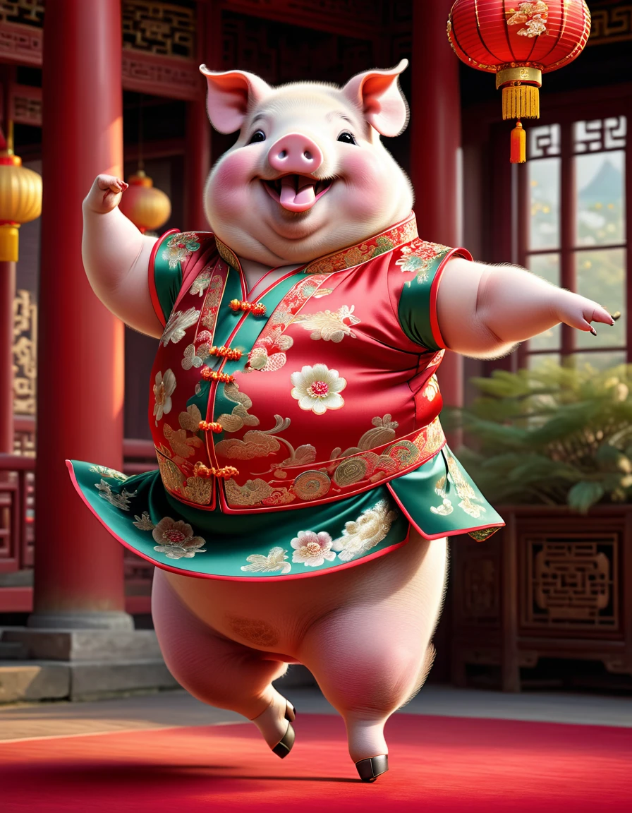 photorealistic portrait of Dressed animals - a ((fat)) ((pig)) dancer,(furry), (dynamic dancing:2.0), (swinging arms :2.0),(happy smile:1.5),high quality,(happy),(lovely) ,intricate details, (accessories), highly detailed (( Cheongsam)) ,highly detailed decorations of clothes, Wearing Cheongsams, , (happy), soft lighting,(full body image:1.5),Chinese palace background,(viewed from side:2.0),