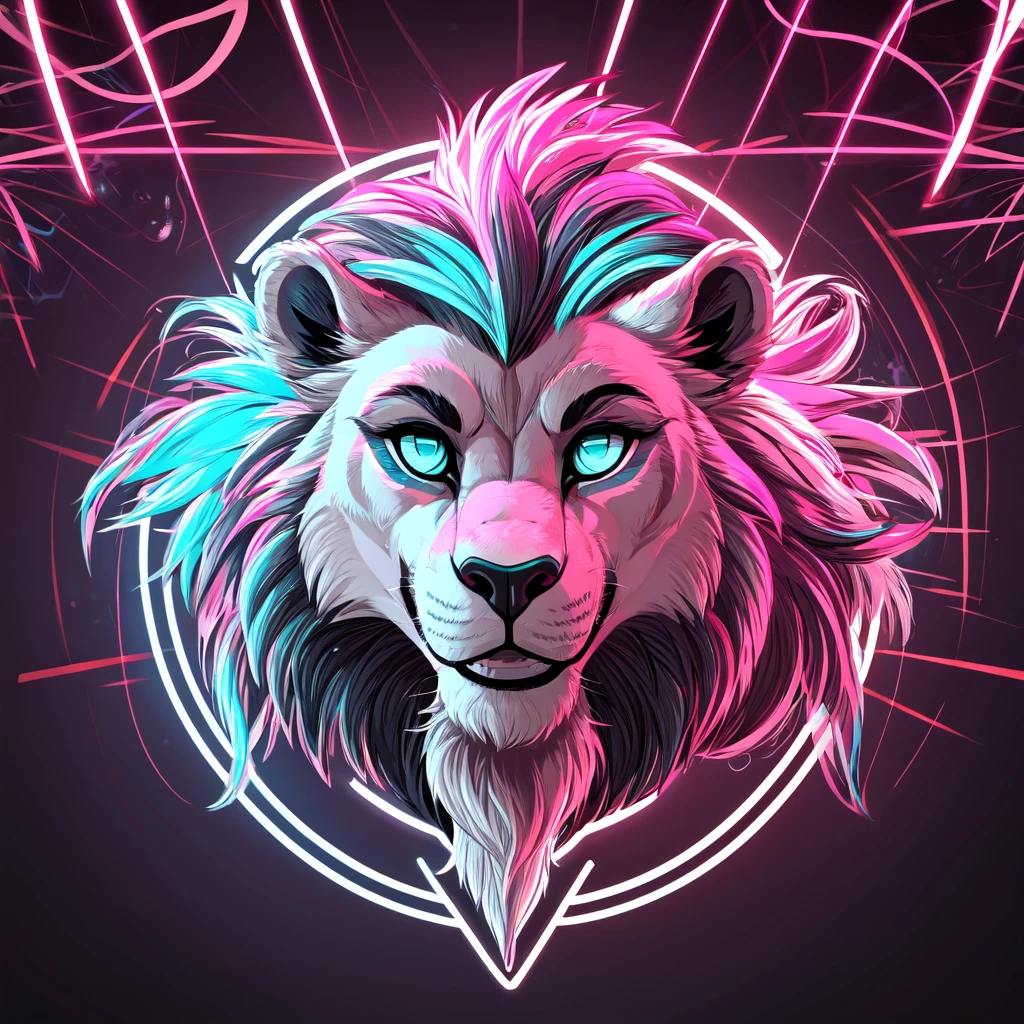  a design [lion], [headshot] [soft neon light], [red blood], sticker art, vector art (“the endless circle of light”)