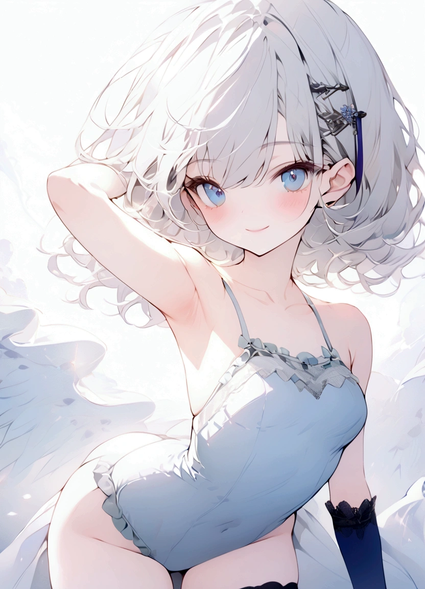 beautiful, masterpiece, Highest quality, anime, One girl, C Cup,Portrait Shot, View your viewers, Intricate details,>,((Covered、Short Hair、nearby、Blue Eyes、art、White hair,Blue streaked hair、wallpaper、silk_White Knee Highs、hairpin、smile、Thighs、Armpit、silk_White frilly school swimsuit