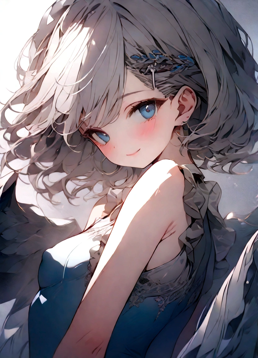 beautiful, masterpiece, Highest quality, anime, One girl, C Cup,Portrait Shot, View your viewers, Intricate details,>,((Covered、Short Hair、nearby、Blue Eyes、art、White hair,Blue streaked hair、wallpaper、silk_White Knee Highs、hairpin、smile、Thighs、Armpit、silk_White frilly school swimsuit